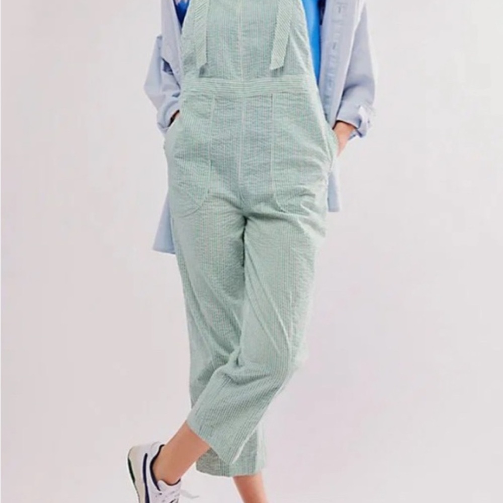 Free People Salopette In Town Green Striped Overalls Size Small New - Picture 3 of 10